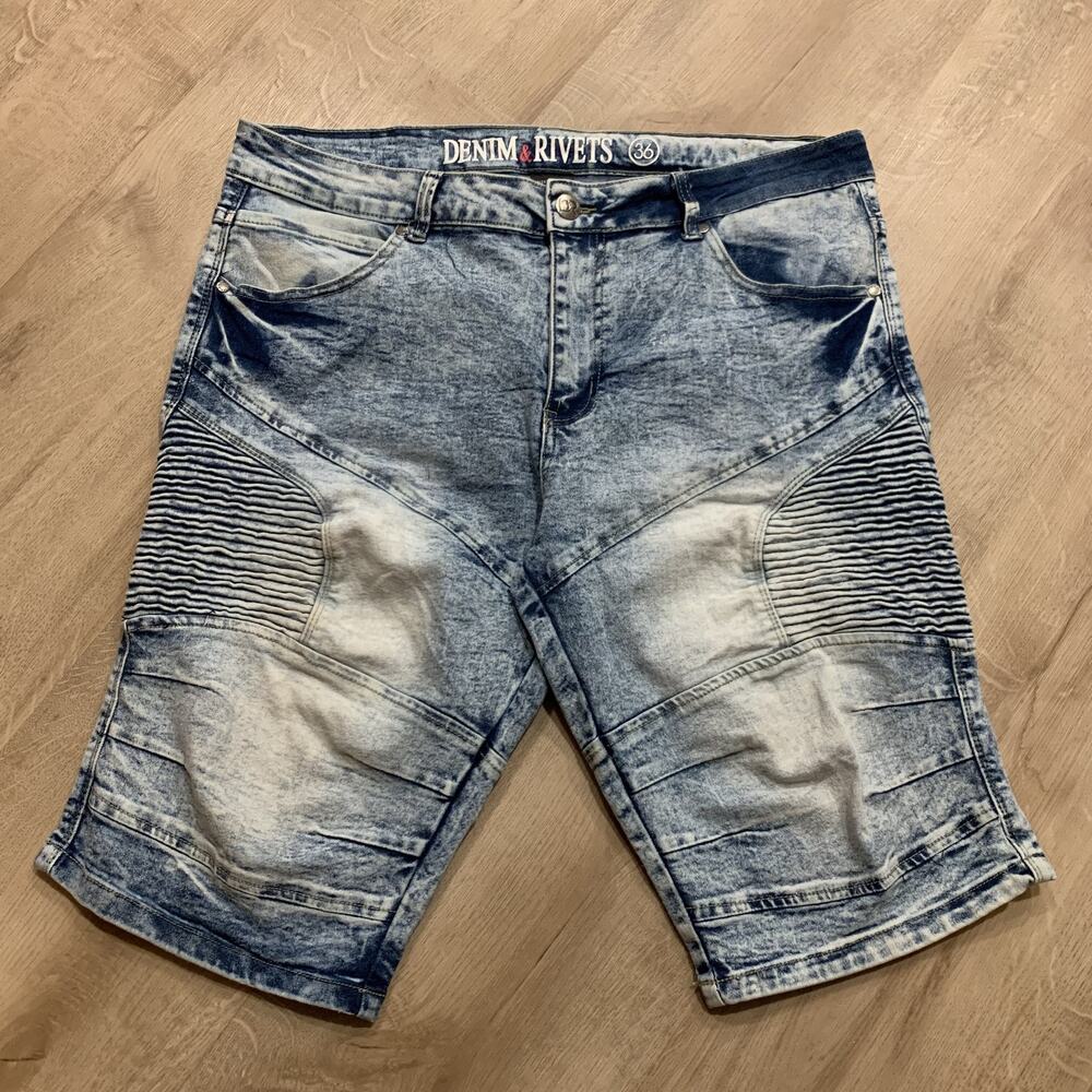 Denim & Rivets Men's Size 36 Light Acid Wash Moto Biker Style Jean Shorts Jorts